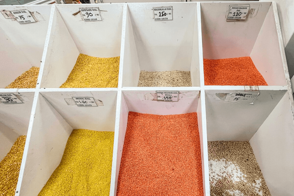 Lentils on display at a supermarket in Bangladesh.