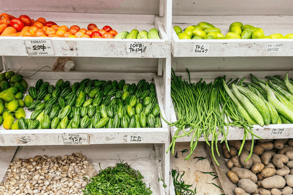 Vegetables on display at a Bangladesh supermarket.