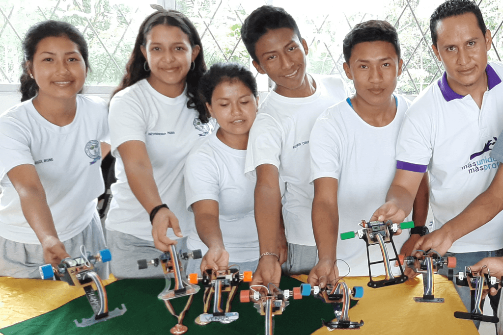 A robotics group show their robots