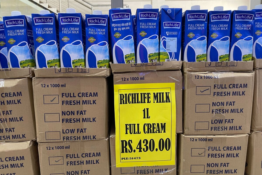 Milk cartons on display at a Sri Lankan supermarket.